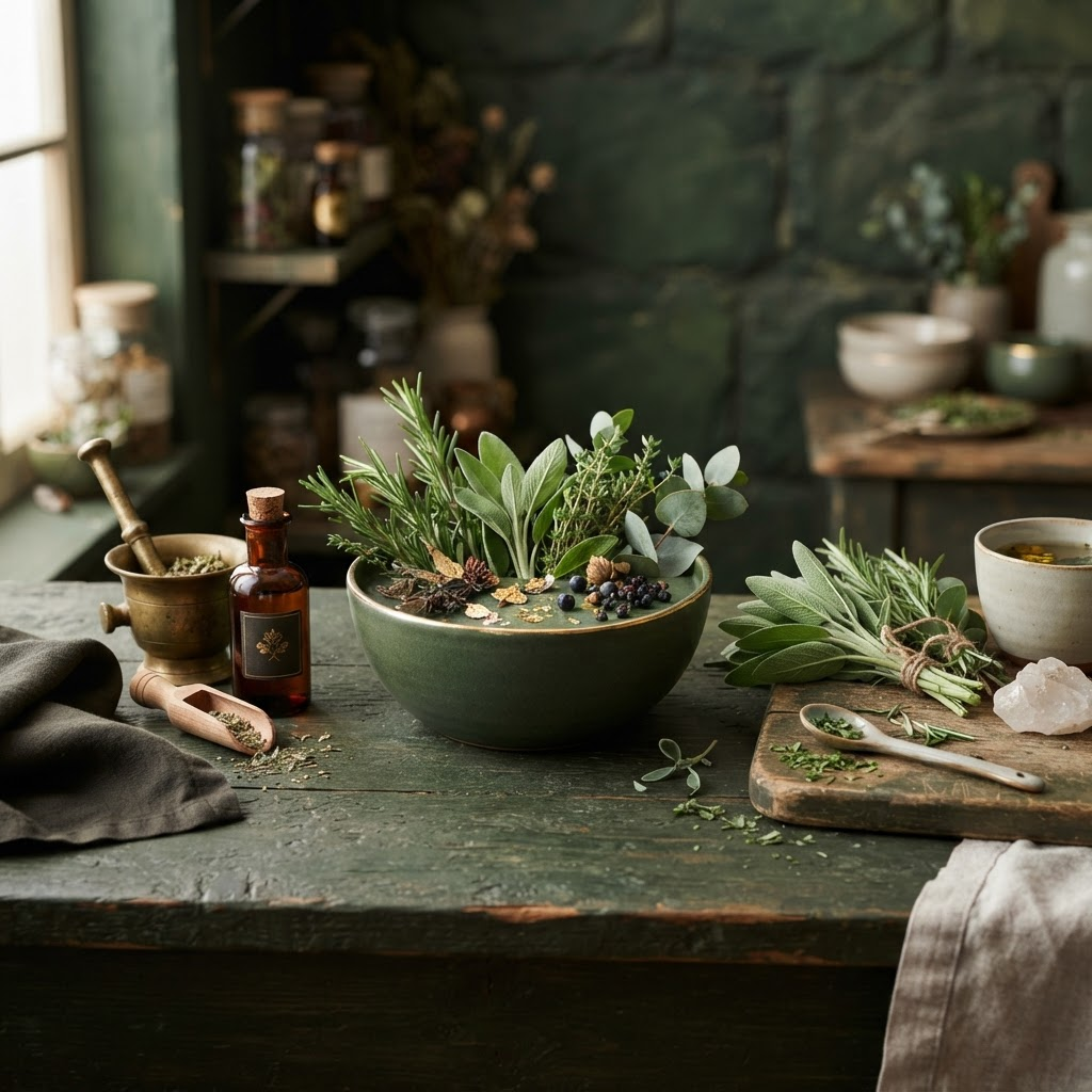 Fresh herbs and botanicals arranged in a warm green apothecary setting