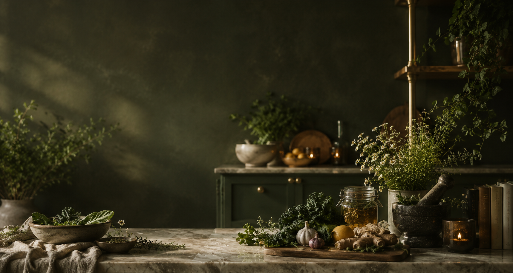 Healing apothecary kitchen with fresh herbs, garlic, ginger and nourishing foods